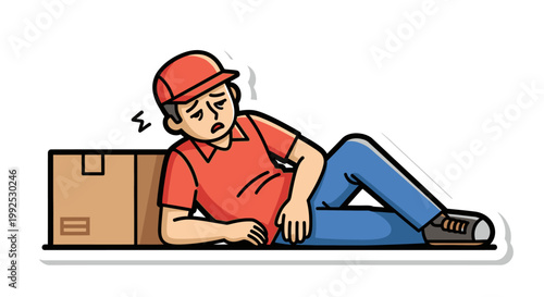 Illustration of a tired delivery man resting on the ground next to a cardboard box with a frustrated expression.