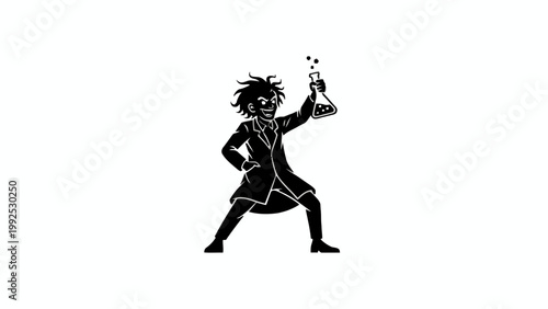 Mad scientist mascot holding chemical beaker black vector icon