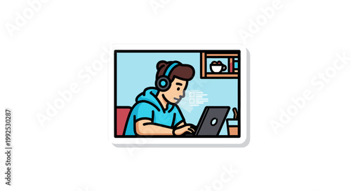 Illustration of a young man wearing a headset while working on a laptop in a room with a calm and focused mood.