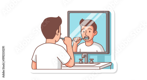 Illustration of a man brushing his teeth while looking in a bathroom mirror with a blue wall and sink.