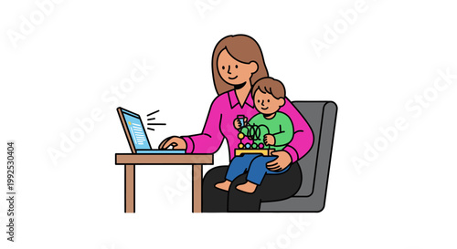 A woman in a pink shirt working on a laptop with a toddler sitting on her lap in a gray chair.