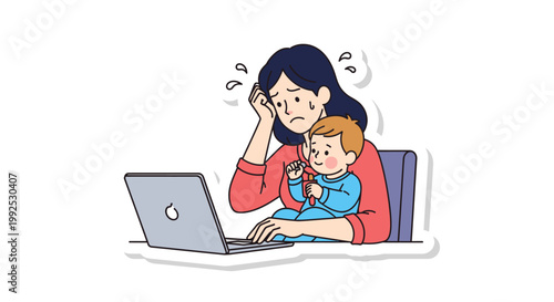 A stressed woman works on a laptop with a toddler on her lap in a cartoon style against a clean white background.