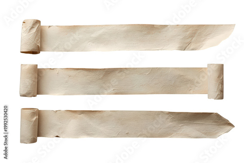 Set of vintage ripped paper scrolls banner with old textured parchment roll, empty space template on transparent background