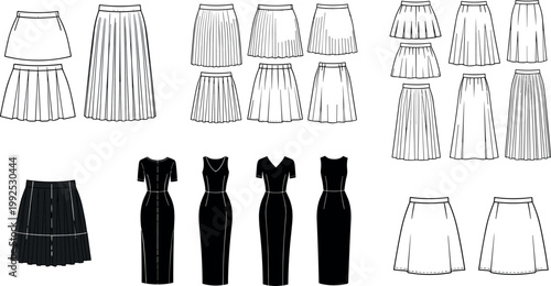Set of skirt outlines and elegant dresses isolated on white background, fashion clothing templates and apparel design vector illustration
