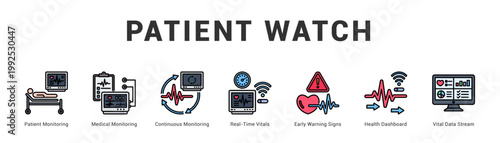 Patient Watch Modern and clean web banner illustration featuring thematic icons for visual communication