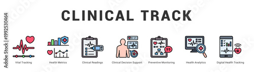 Clinical Track Modern and clean web banner illustration featuring thematic icons for visual communication