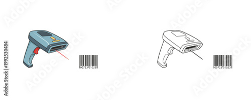 Wireless barcode scanner in cartoon and line art style with blue and grey colors used for retail inventory and warehouse laser scanning