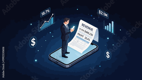 Businessman with revenue report on smartphone