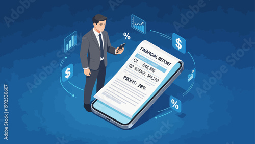 Businessman with financial report on phone