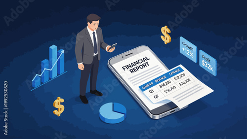 Businessman with financial report on phone
