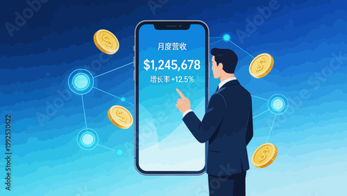 Businessman with smartphone showing monthly revenue