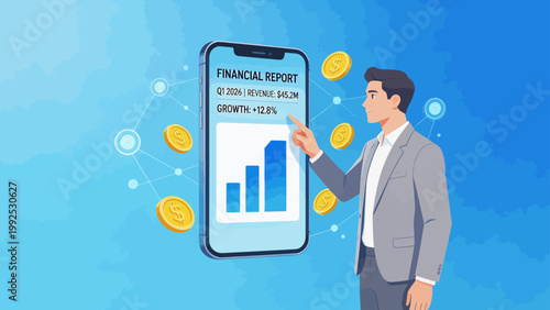 Businessman with financial report on phone