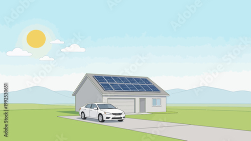 House with solar panels and car