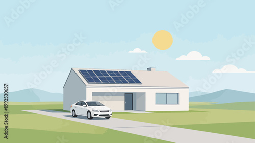 House with solar panels and car