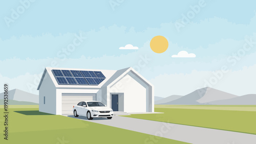 House with solar panels and car