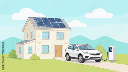 House with solar panels and electric car charging