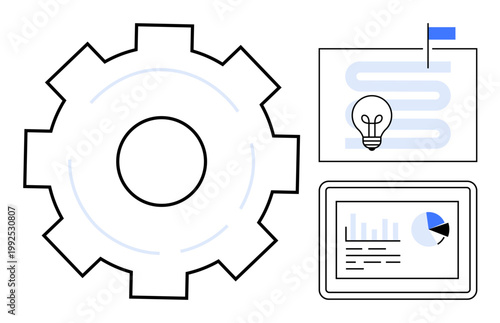 Technology concept. Gear mechanism with business chart and analytics dashboard s technology. Technology driving innovation, strategy, and analytics. For business, IT, management, optimization