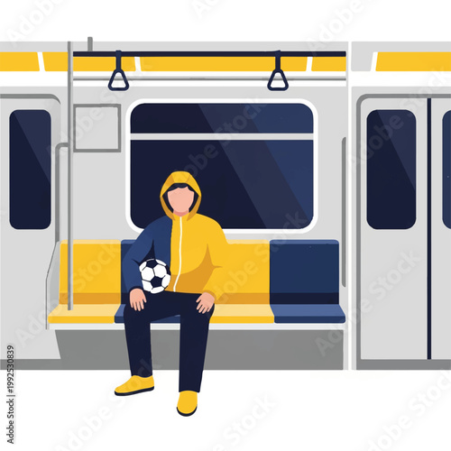 An urban commuter sitting in a minimalist subway car interior holding a soccer ball under their arm, clean geometric window and seat shapes, palette of silver, yellow, navy, and white,