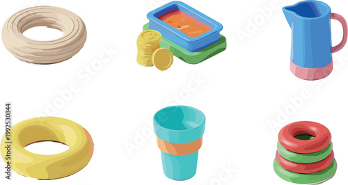 Set of summer pool accessories including inflatable rings drink cup pitcher and ice container isolated colorful vector illustration collection