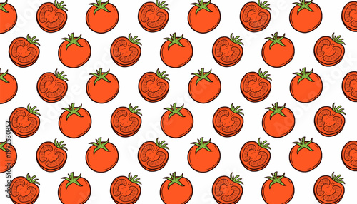 Tomato Seamless Pattern. Handdrawn Fruit Illustration. Botanical Red Background for Packaging Textile Design