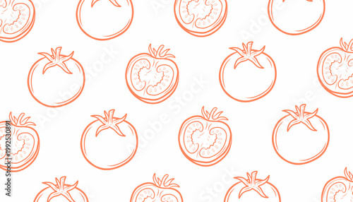 Tomato Seamless Pattern. Handdrawn Fruit Illustration. Botanical Red Background for Packaging Textile Design
