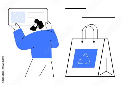 Sustainability, eco-friendly practices, digital shopping, retail innovation, recycling, conscious consumerism. Person interacting with a screen and eco bag with recycle symbol. Sustainability