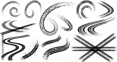 Tire tread marks after skidding, launch, drift, powerslide in motorsport, rally, off-road, motocross. Wheel texture with splash effect. Vector, transparent background EPS version.