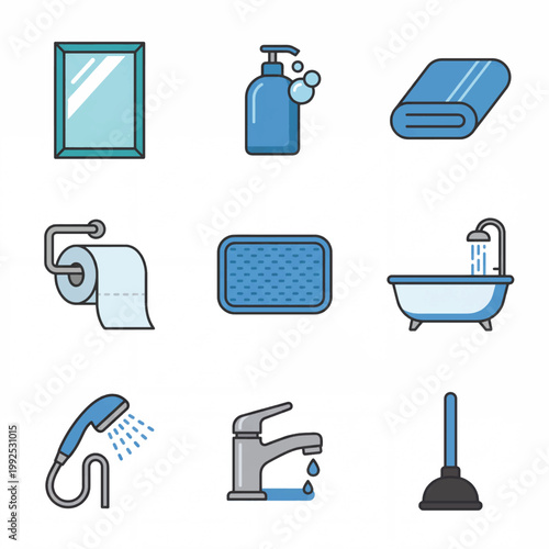 Collection of bathroom hygiene and cleaning icons.