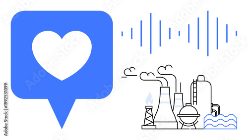 Sustainability, environmental awareness, industrial impact, technology, health, pollution. Heart icon inside a speech bubble, soundwave and industrial plant illustration. Sustainability