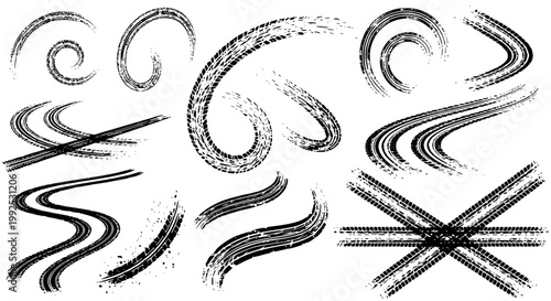 Tire tread marks after skidding, launch, drift, powerslide in motorsport, rally, off-road, motocross. Wheel texture with splash effect. Vector, transparent background SVG version.