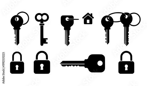 Key silhouette icon collection with door keys and security symbols for real estate and access design isolated on white background
