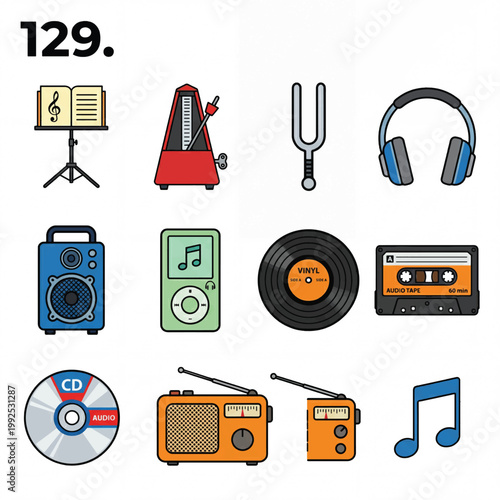 Collection of musical instruments and audio equipment icons.