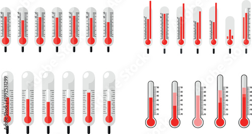 Set of thermometers showing different temperature levels in Celsius scale isolated on white background medical weather vector illustration collection