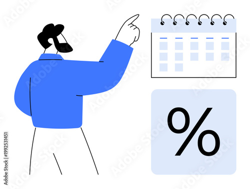 Time management, financial planning, business strategy, percentage calculation, scheduling, event preparation. A man pointing to a calendar and a percentage symbol. Time management and financial