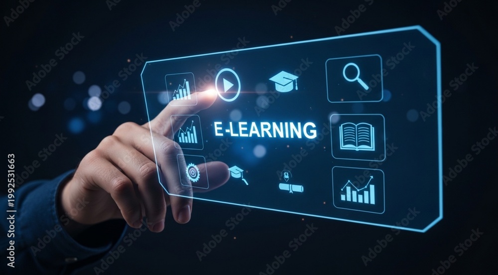 Fototapeta premium A futuristic digital illustration of a hand interacting with a transparent virtual touchscreen interface. The screen displays glowing blue icons related to e-learning, including a play button