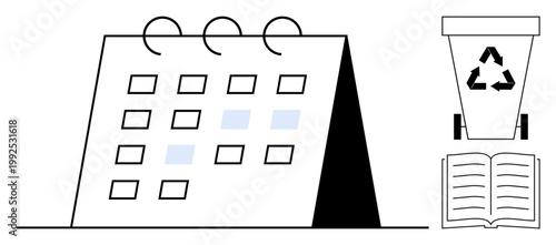 Time management, sustainability, environmental education, planning, recycling, waste management. Calendar with dates, recycling bin and open book . Sustainability and recycling ideas