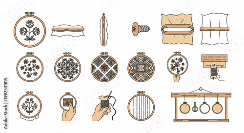 Collection of embroidery and needlework icons depicting various tools, patterns, and processes for crafting textile art.