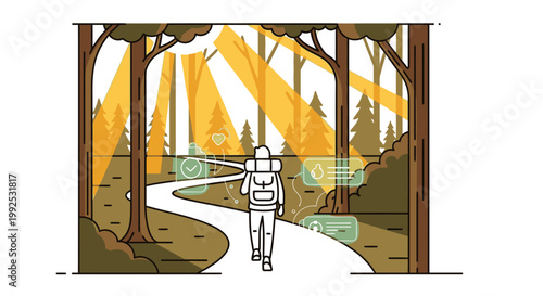 Illustration of a hiker walking on a winding forest path surrounded by trees with warm sunlight filtering through the leaves.