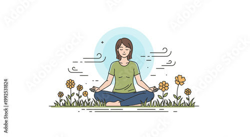 A serene woman meditates cross-legged in a field of flowers with a peaceful expression and gentle breeze.