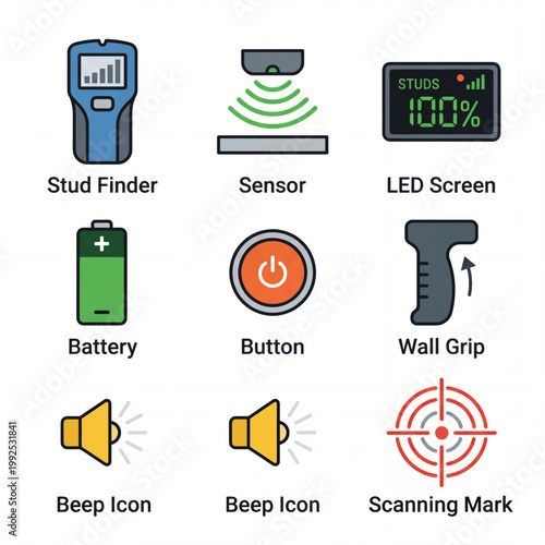 Stud Finder Tool Icons and Components Collection.