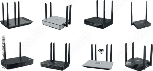 Set of wireless wifi routers with antennas in different designs for internet networking technology isolated vector illustration collection