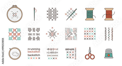 A comprehensive set of cross-stitch and embroidery icons, featuring tools like hoops, needles, thread, scissors, and various stitch patterns.