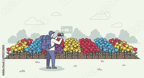 Illustration of a photographer capturing a vibrant flower field with a camera, surrounded by rows of colorful tulips in a serene outdoor setting.