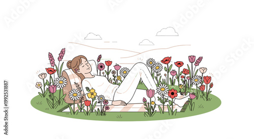 A woman reclines on a green lawn surrounded by colorful flowers and a white cat on a sunny day with soft clouds.