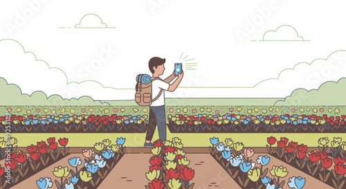 Illustration of a man spraying colorful tulips in a vibrant field with a backpack sprayer on a sunny day with fluffy clouds.