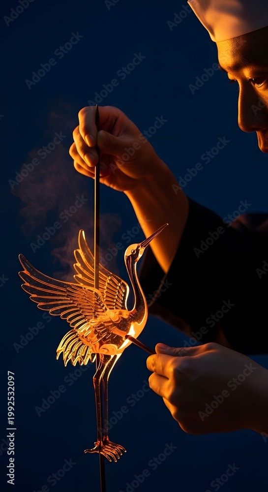 Fototapeta premium Artisan Crafts Delicate Golden Crane Sculpture Under Dramatic Warm Lighting With Dark Blue Background