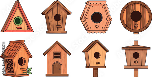 Set of wooden birdhouses in various shapes and styles for garden decoration and bird nesting isolated vector illustration collection