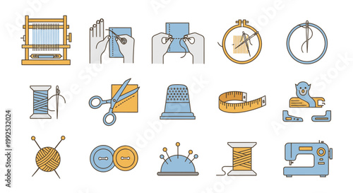 A comprehensive set of colorful line icons illustrating various tools and activities related to sewing, knitting, and textile crafts.