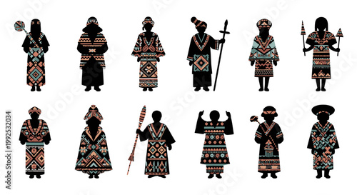 Collection of stylized figures in traditional ethnic clothing with geometric patterns, representing diverse cultures.