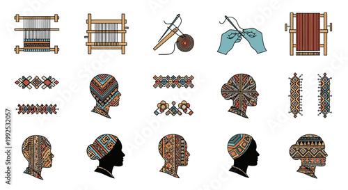 A collection of detailed icons showcasing traditional weaving and knitting tools, African textile patterns, and stylized silhouettes of people with cultural headwear.